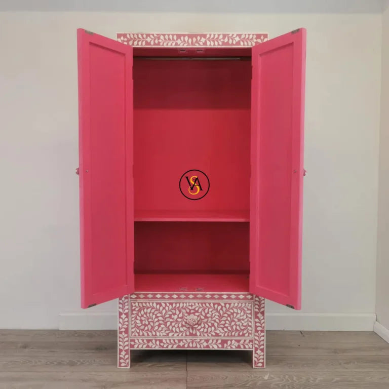 Pink Bone Inlay Armoire – Open View with Shelves and Rod