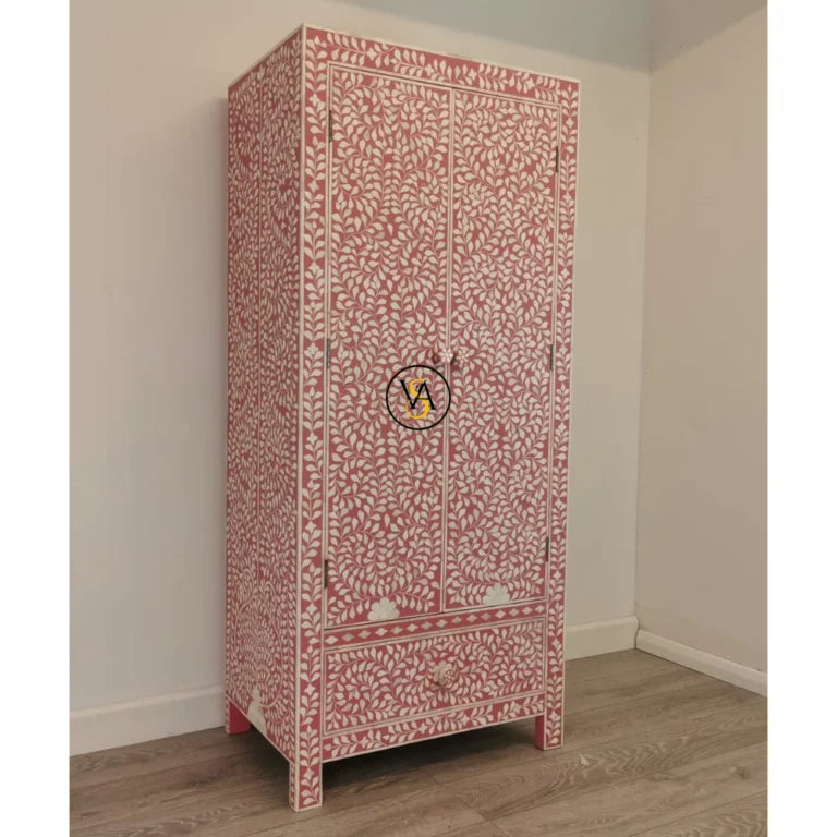 Pink Bone Inlay Cupboard with White Floral Design – Angled View