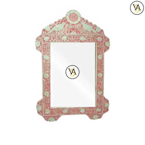 Pink Handmade Bone Inlay Parrot Design Mirror Frame