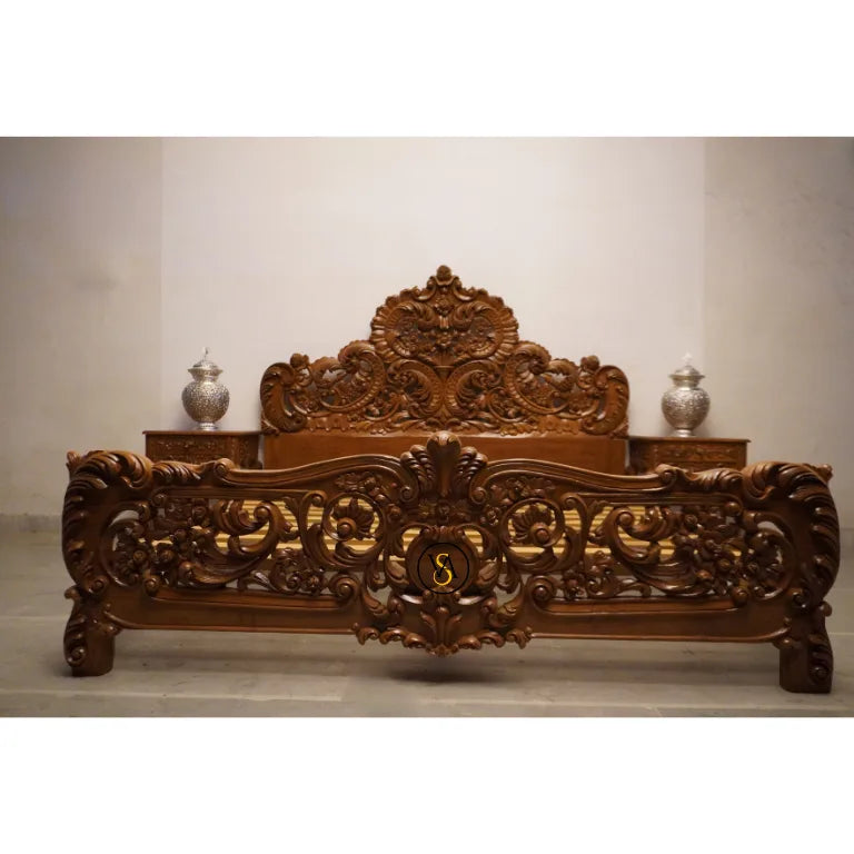 Premium Teak Wood Double Bed with Headboard | Wooden Double Bed