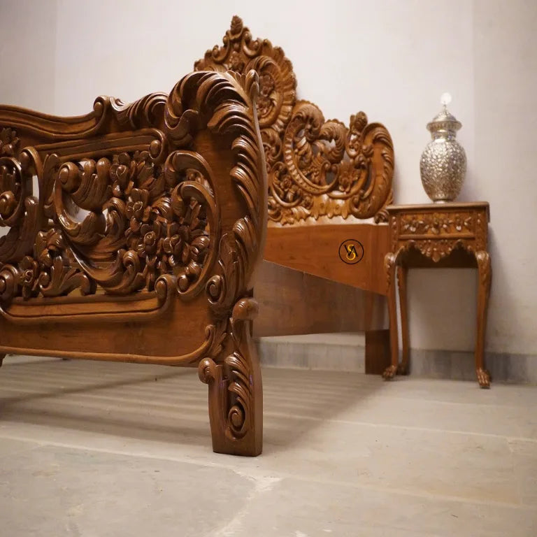 Premium Teak Wood Double Bed with Headboard | Wooden Double Bed