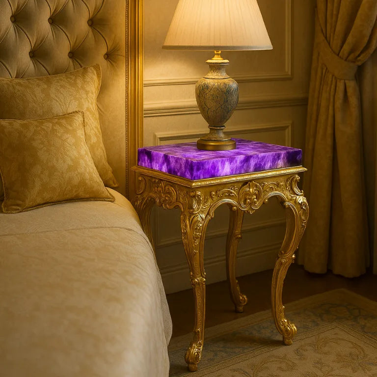 Close-up of luxury amethyst bedside table next to bed