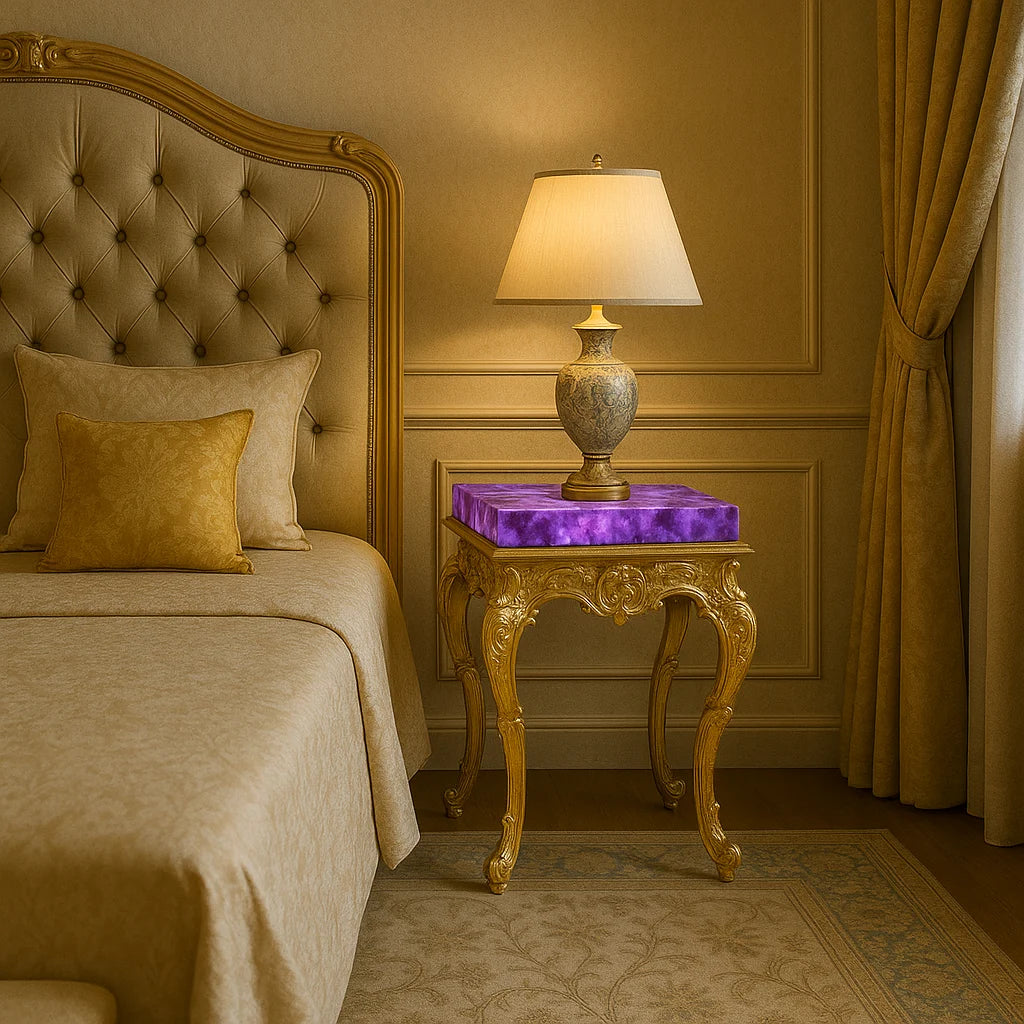 Elegant right-side view of amethyst brass bedside table with lamp