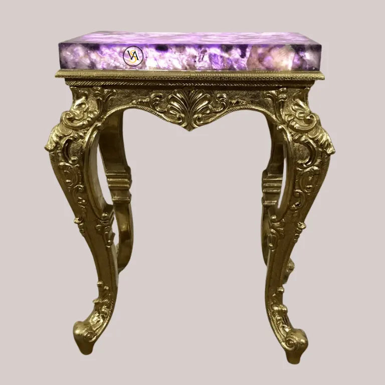 Front view of handcrafted amethyst and brass luxury side table