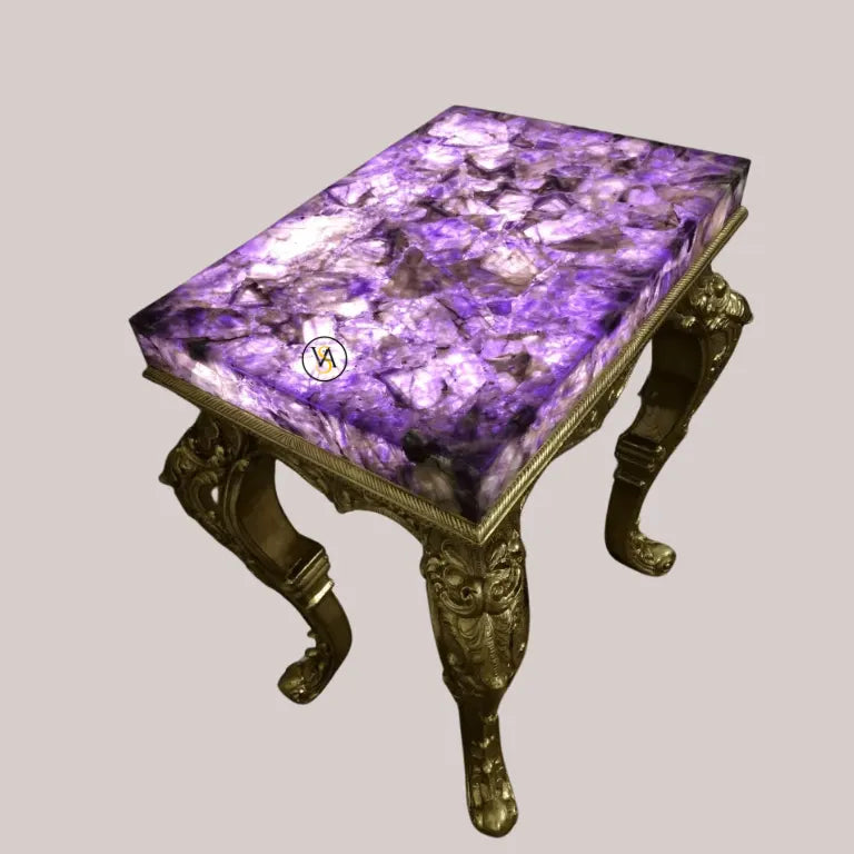 Top-down view of purple amethyst table top with glowing LED