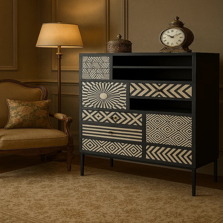 Artistic bone inlay storage chest with intricate handcrafted details
