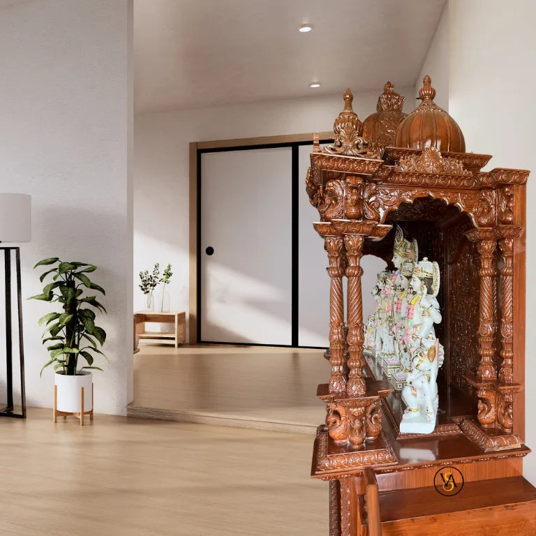 Side view of wooden pooja mandir with step carving