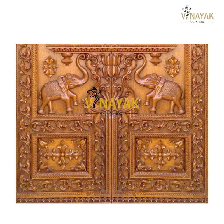 Traditional Indian teak door with floral and elephant carvings – bottom panel view