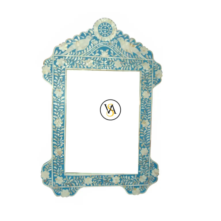 Teal Blue Bone Inlay Mirror with Floral & Parrot Design