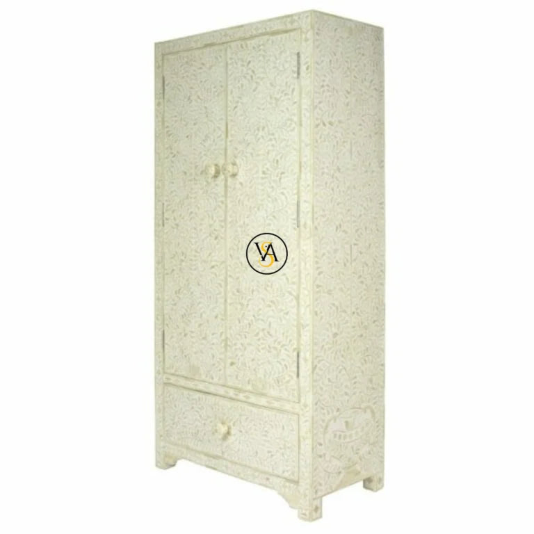 White Bone Inlay Armoire – Floral Design on Full Surface