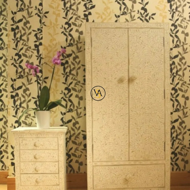 White Bone Inlay Wardrobe with Matching Nightstand in Decor Setup