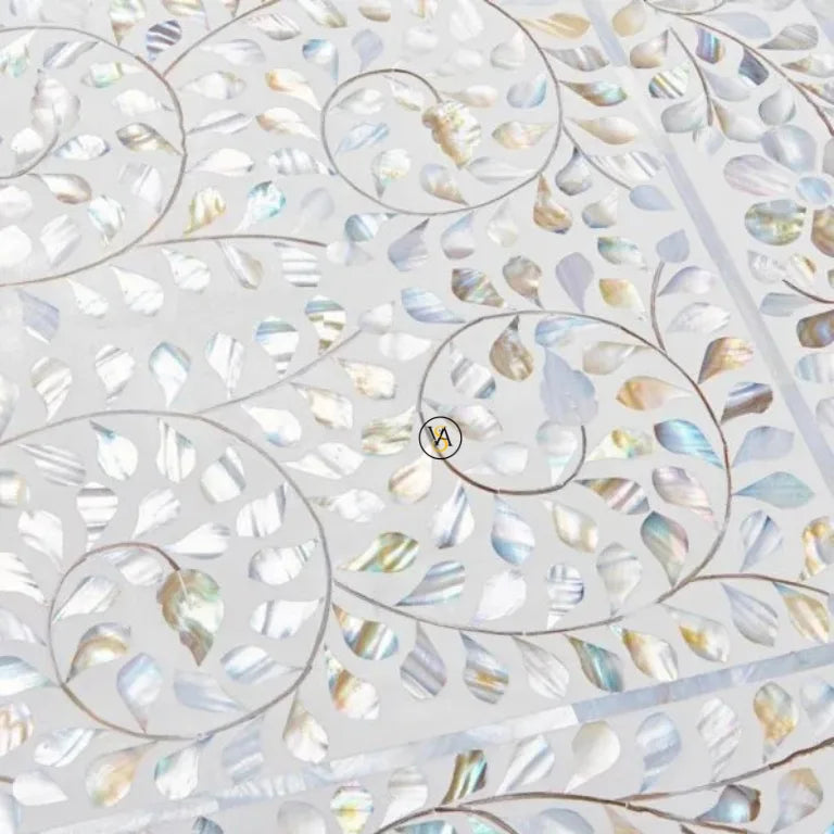 White Mother of Pearl Inlay Console Table Close View