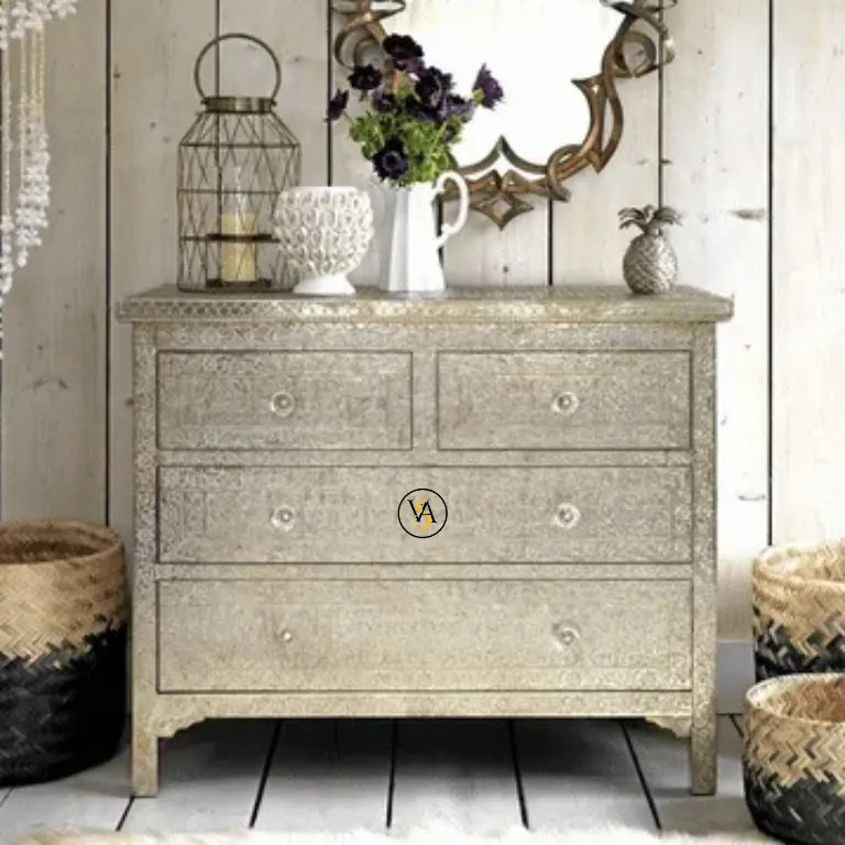 Handcrafted White Metal Chest Of Drawer with 4 Drawers