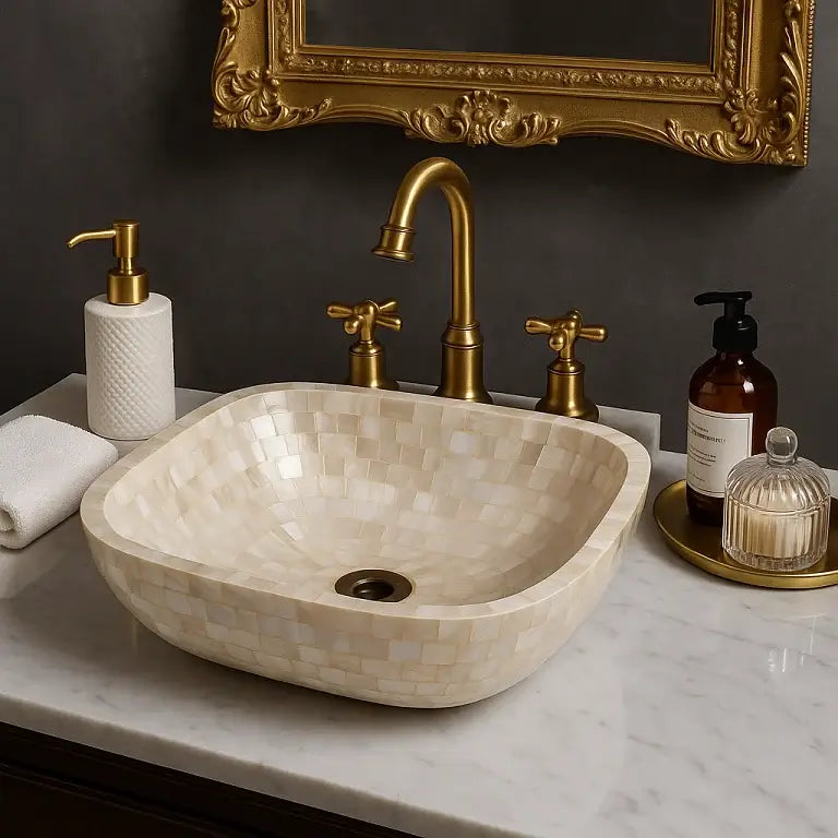 White bathroom sink with gold fixtures, marble countertop, and decorative mirror.