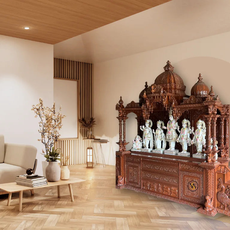 Teak wood mandir in modern interior living room