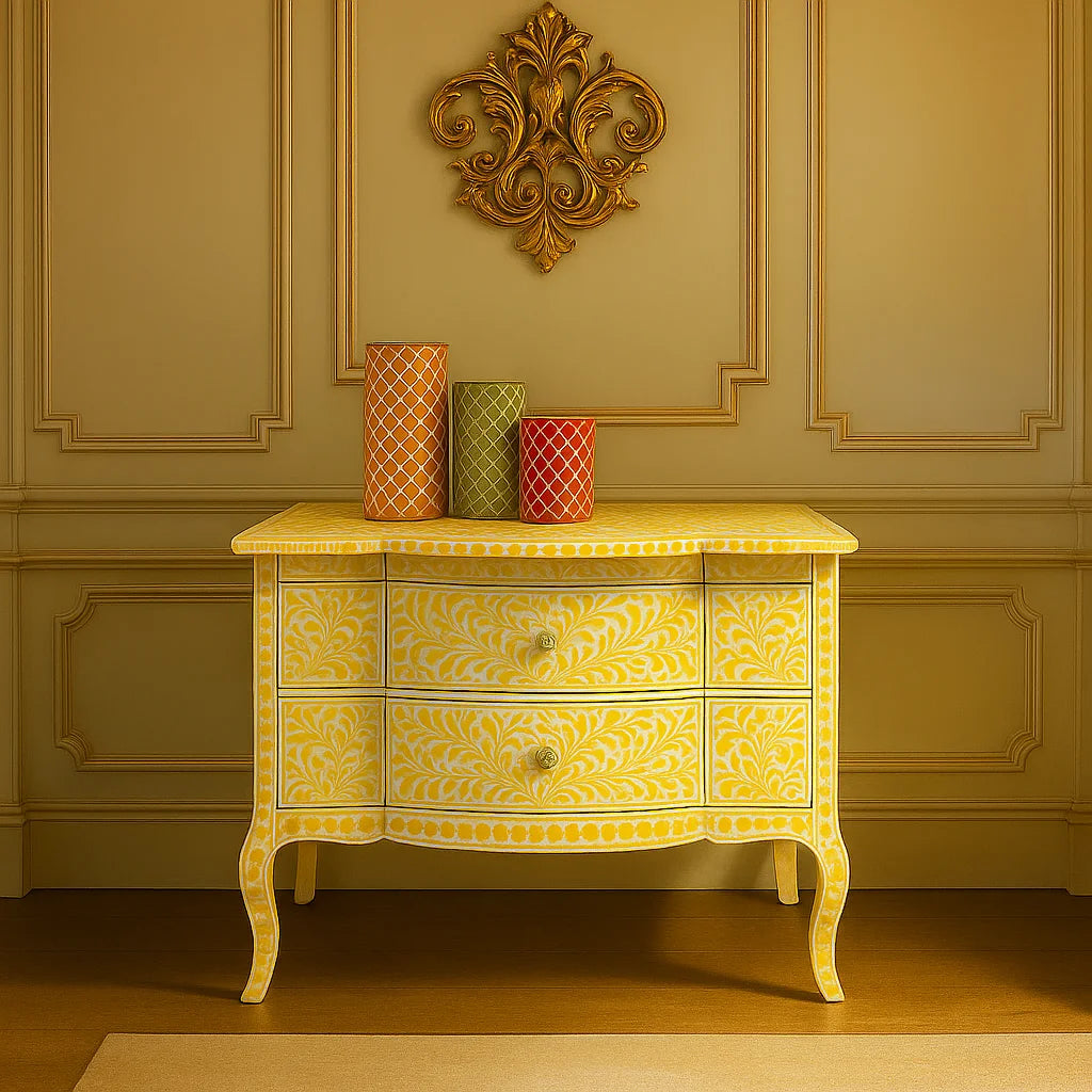 Yellow floral bone inlay chest of drawers with ornate wall decor and vases