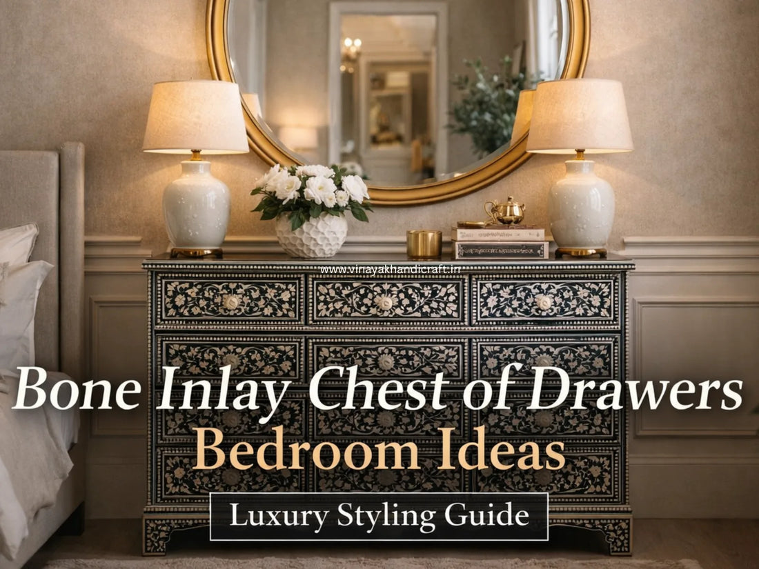 bone inlay chest of drawers placed in a luxury bedroom with luxury mirror and decor