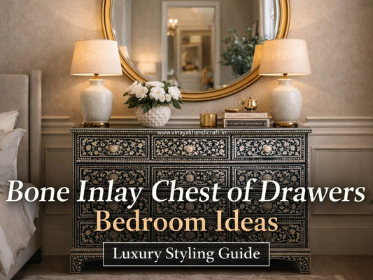bone inlay chest of drawers placed in a luxury bedroom with luxury mirror and decor