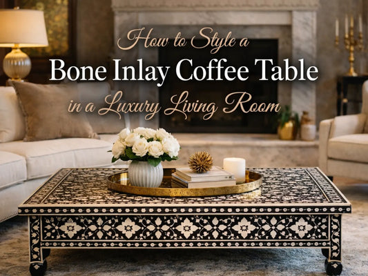 bone inlay coffee table styled in a modern luxury living room with elegant decor