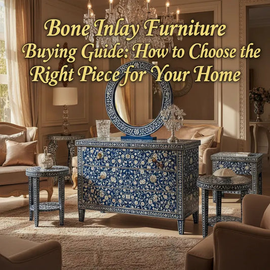 Luxury living room with blue Bone Inlay Furniture along with text Bone Inlay Furniture Buying Guide: How to Choose the Right Piece for Your Home