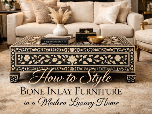 bone inlay furniture styled in a modern luxury living room