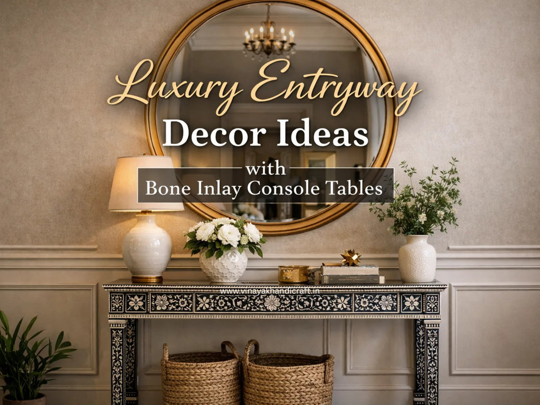 bone inlay console table styled in a luxury entryway with mirror