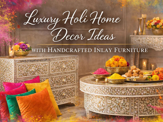 Luxury Holi home decor ideas with handcrafted inlay furniture styled with festive colors, sweets and flowers decorations with colorful pillows