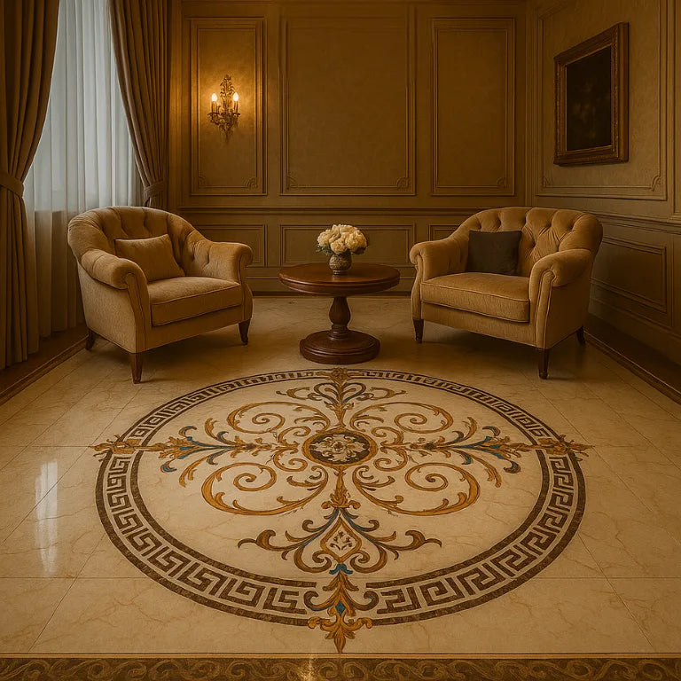 Elegant living room with beige armchairs, wooden round table, chandelier, and intricate marble inlay floor design