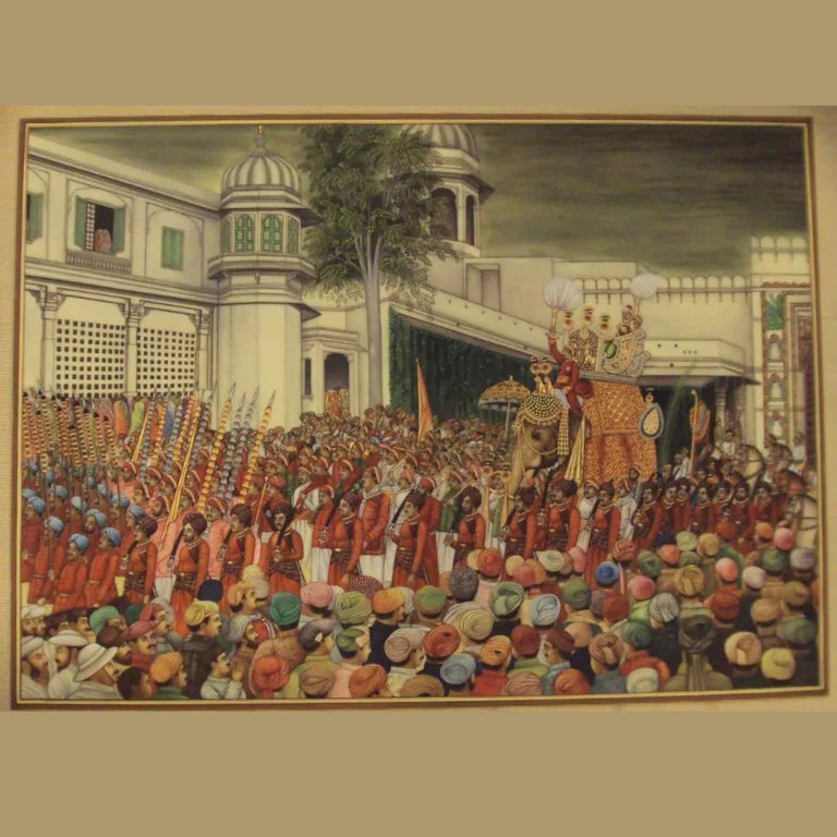 Traditional Rajasthani painting depicting a royal procession with soldiers, crowd, and a decorated elephant in front of a palace