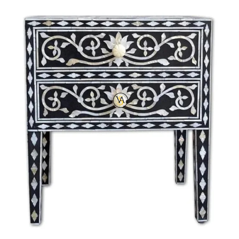 Close-up view of Mother of Pearl Black Bedside Table – Lotus Design Details