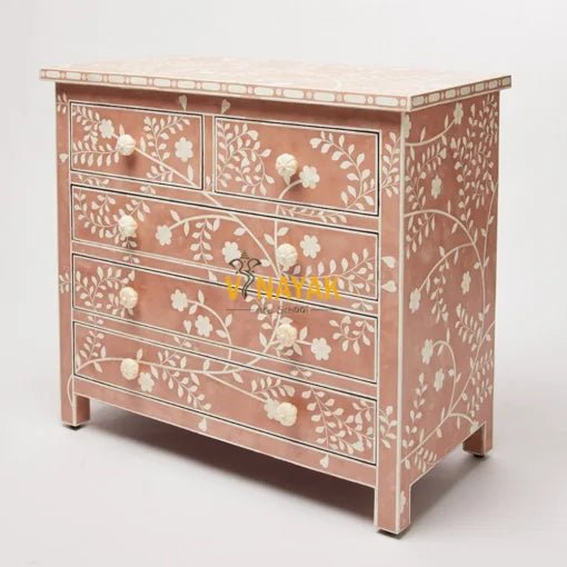 Beautiful Rose Pink Bone Inlay Chest of Drawers | Pink Dresser | Bone Inlay Pink Commode