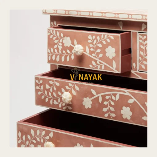 Beautiful Rose Pink Bone Inlay Chest of Drawers | Pink Dresser | Bone Inlay Pink Commode