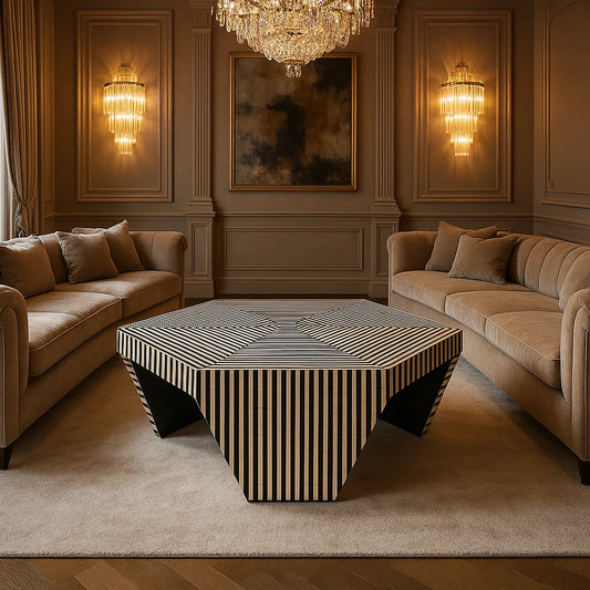 Bone inlay hexagon shape coffee table with optical stripe pattern in a luxurious living room setup between beige sofas
