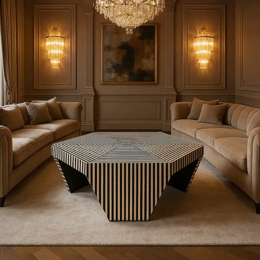 Bone inlay hexagon shape coffee table with optical stripe pattern in a luxurious living room setup between beige sofas