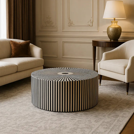 Bone Inlaid Round Optical Design Coffee Table Black