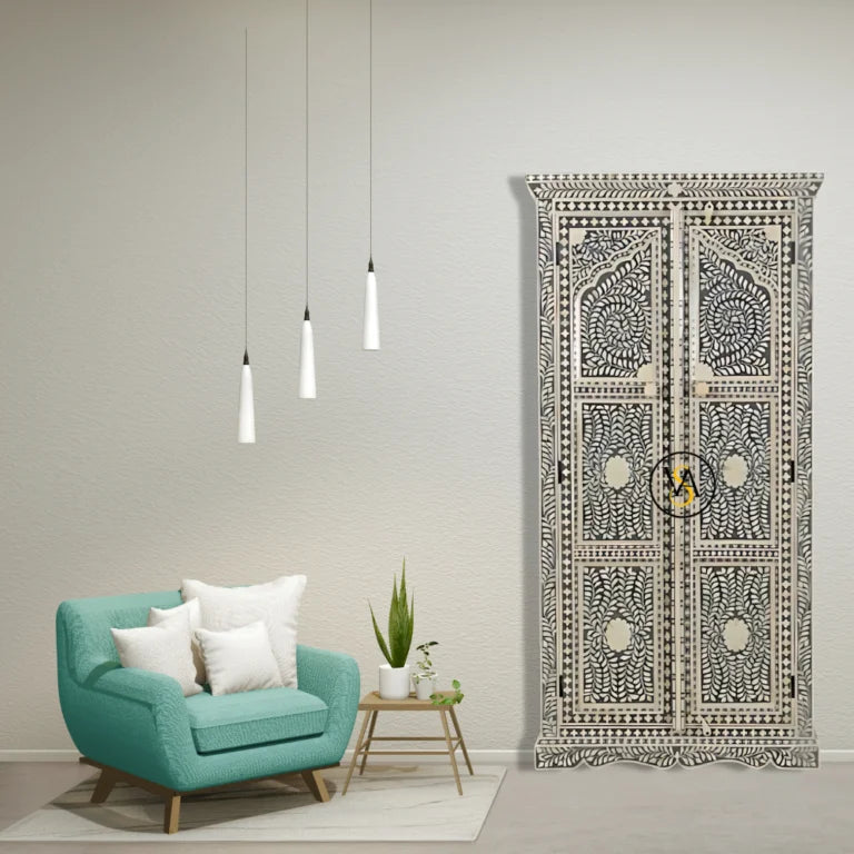 Jharokha Design Bone Inlay Floral Almirah Grey | Handmade Bone Inlay Cupboard