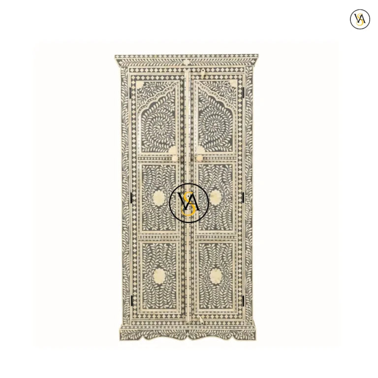 Jharokha Design Bone Inlay Floral Almirah Grey | Handmade Bone Inlay Cupboard