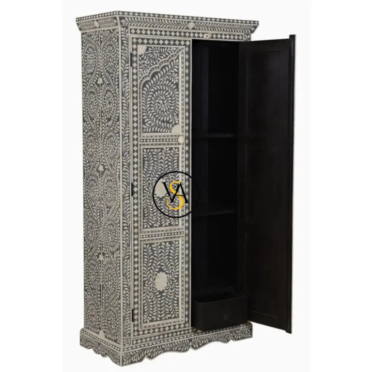 Jharokha Design Bone Inlay Floral Almirah Grey | Handmade Bone Inlay Cupboard