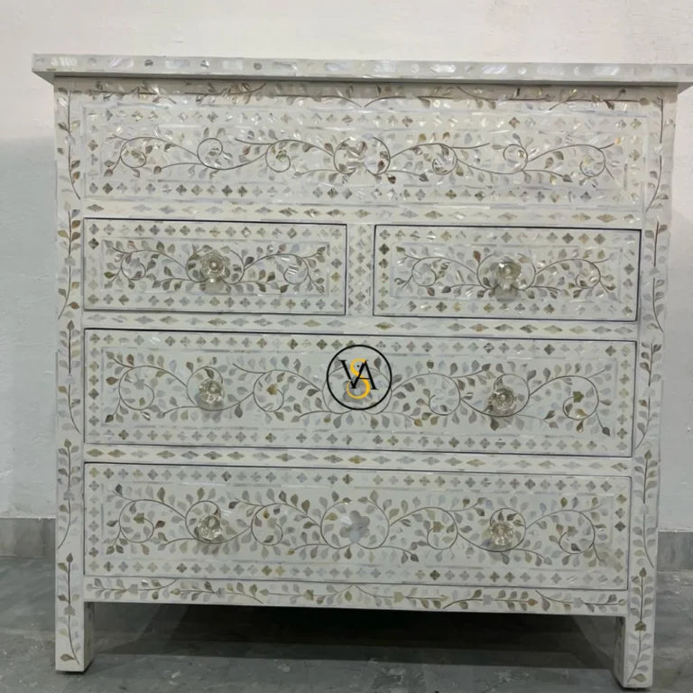 Mother of Pearl Inlay 4 Drawer Dresser White | Mother of Pearl chest of Drawer | Drawer With Mirror & LED | Living Room Furniture