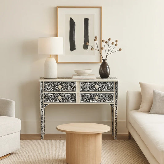 Black Mother of Pearl Inlay Console Table | Pearl Inlay Desk