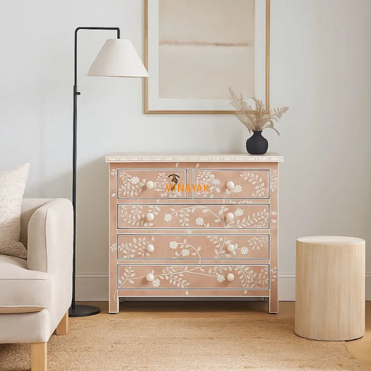 Beautiful Rose Pink Bone Inlay Chest of Drawers | Pink Dresser | Bone Inlay Pink Commode