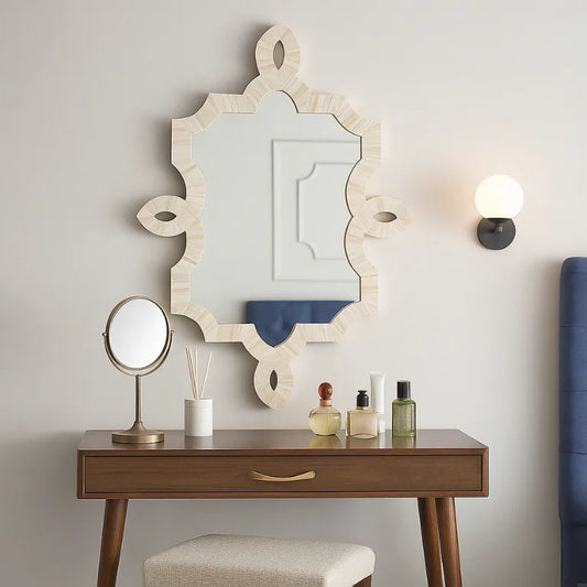 Bone Inlay Decorative Wall Mirror | Unique Vintage Mirror | White Dressing Mirror | Free Mirror