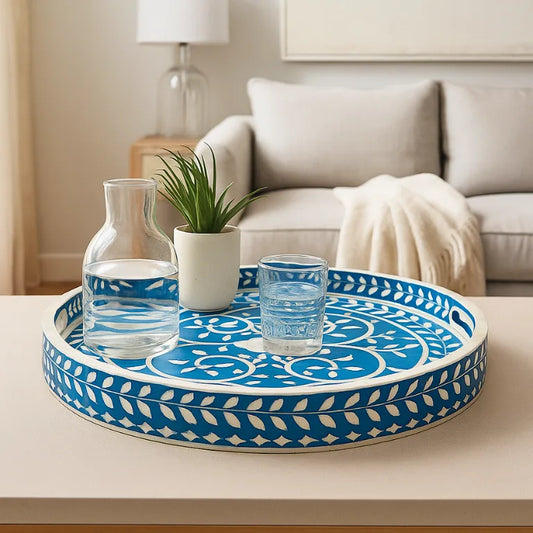 Handmade Bone Inlay Round Tray | Serving Tray