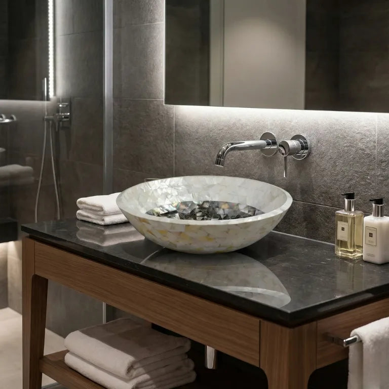Mother of Pearl Inlay Wash Basin | Black & White Ring Design