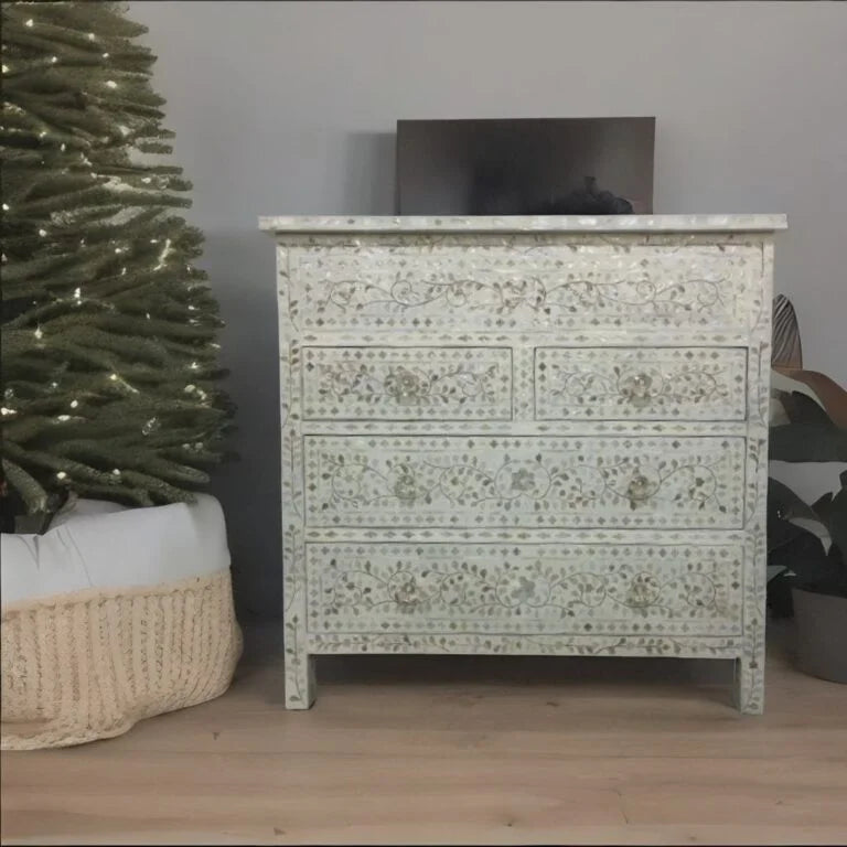 Mother of Pearl Inlay 4 Drawer Dresser White | Mother of Pearl chest of Drawer | Drawer With Mirror & LED | Living Room Furniture