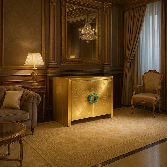 An elegant brass cladded embossed sideboard cabinet with emerald malachite door pulls situated in a luxurious interior setting.