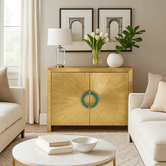 An elegant brass cladded embossed sideboard cabinet with emerald malachite door pulls situated in a modern living room.