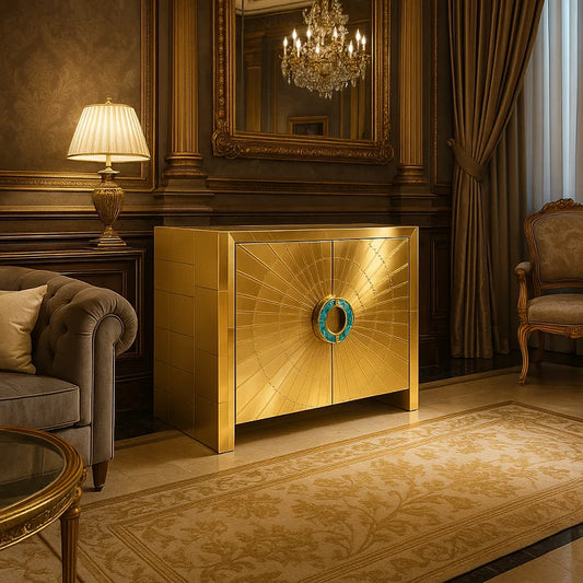 Golden brass sideboard in elegant interior with classic mirror and drapery