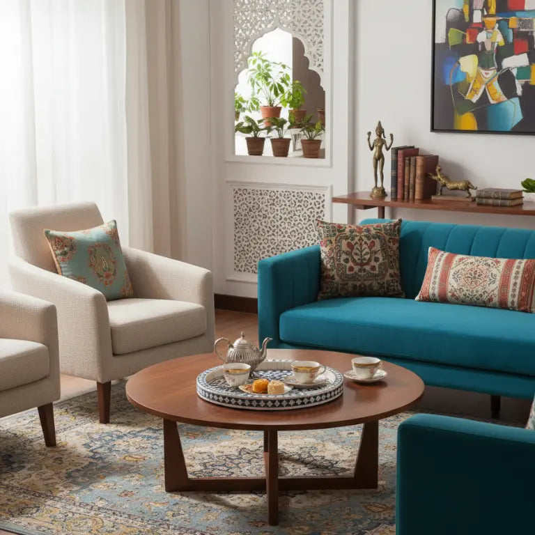 Handcrafted blue bone inlay tray for serving placed in living room with teal sofa, beige armchair, and wooden coffee table.