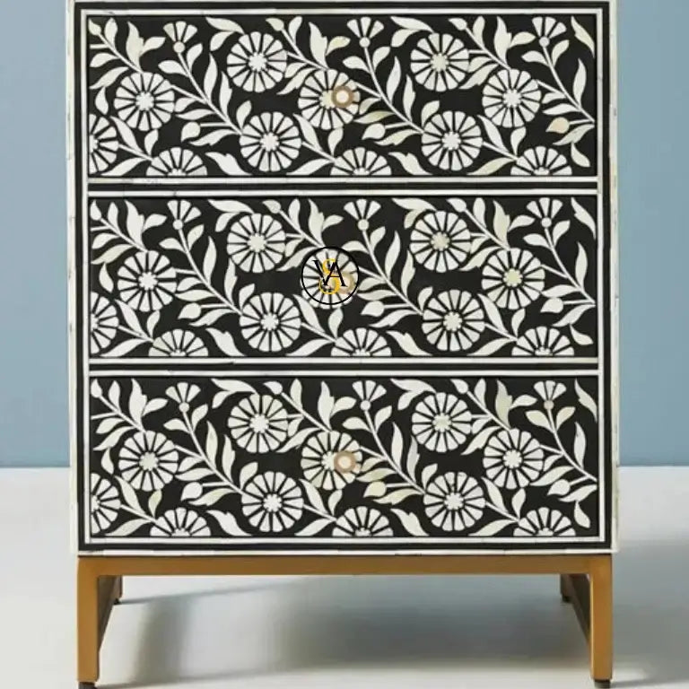 Bone Inlay Sunflora Design Black Bedside Table